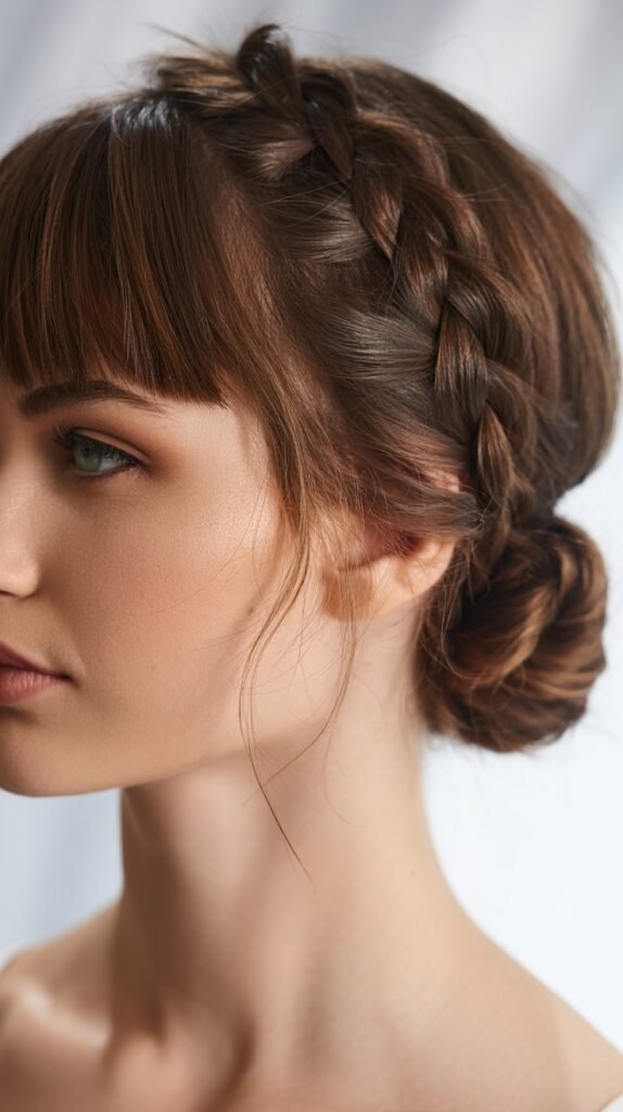 Braided Side Bun with Blunt Bangs