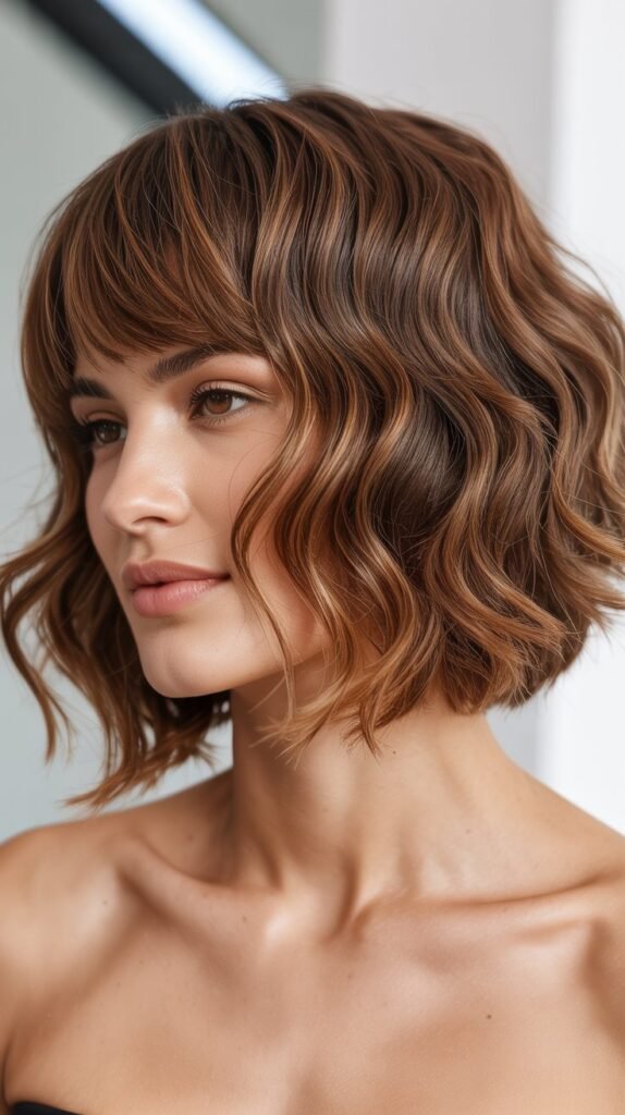 Wavy Angled Bob with Bangs