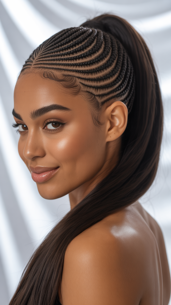 Side-Swept Cornrows into Ponytail