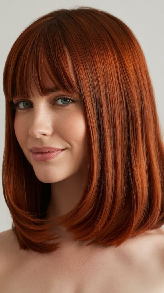 Long Bob with Curtain Bangs and Red Tones