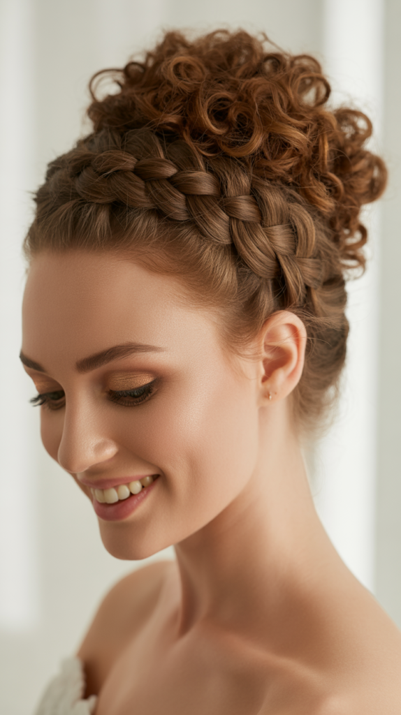 Voluminous Crown Braid with Curly Bun