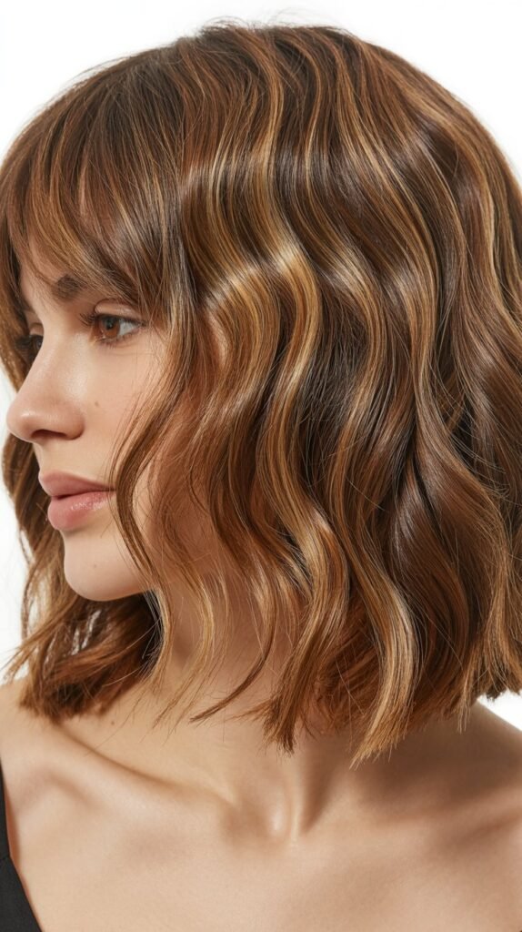 Textured Wavy Long Bob with Feathered Curtain Bangs