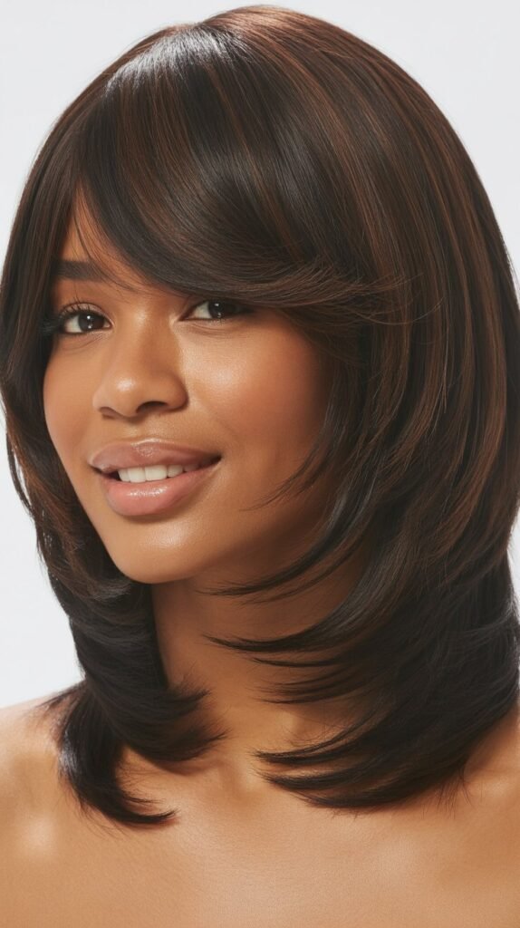 Layered Long Bob with Feathered Curtain Bangs