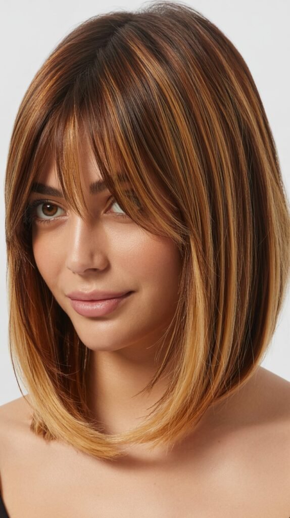Long Bob with Curtain Bangs and Balayage Ombre