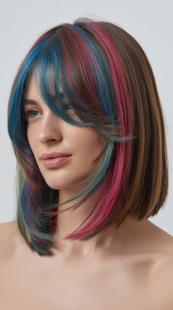 Long Bob with Curtain Bangs and Hidden Rainbow Layers