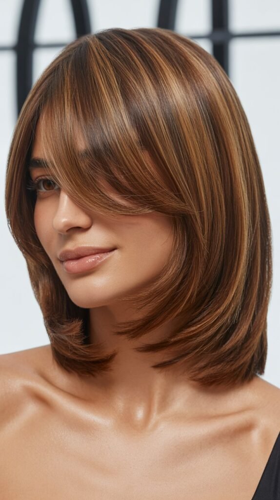 Layered Long Bob with Side-Swept Curtain Bangs