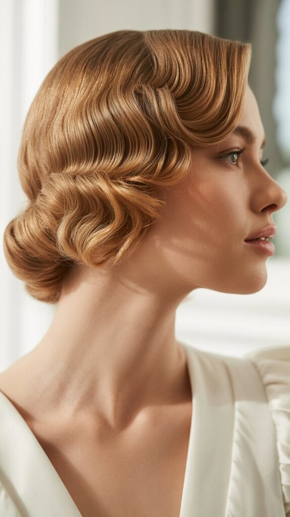 Pinned Wave Updo with Feathered Bangs