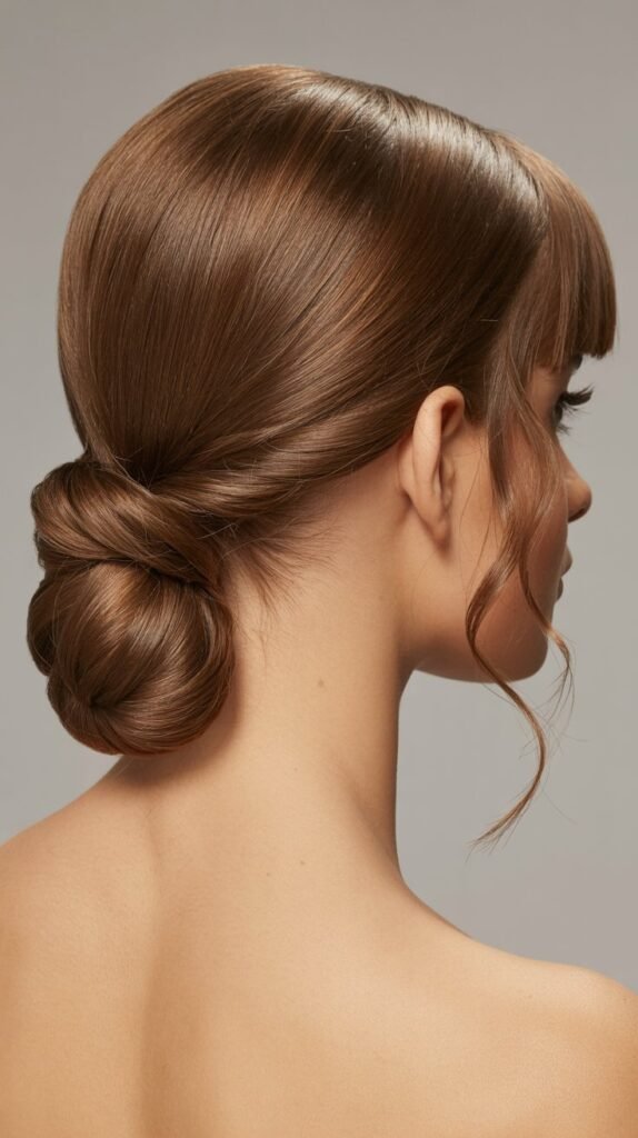 Sleek Twisted Ponytail Updo with Baby Bangs