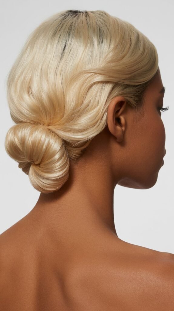 Platinum Blonde Low Chignon with Face-Framing Pieces