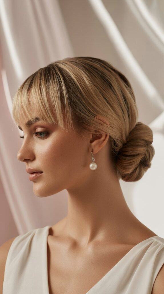 Low Twisted Bun with Micro Fringe