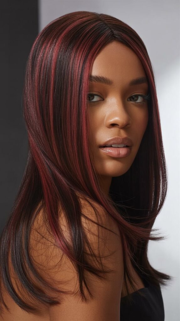 Straight Wig with Burgundy Tones