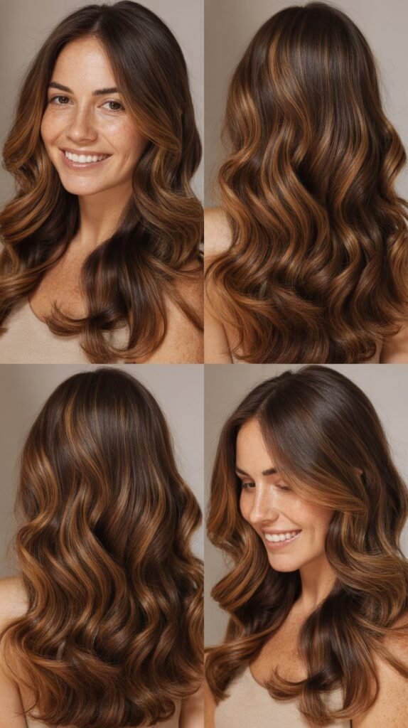 Caramel Highlights Throughout Long Brown Waves