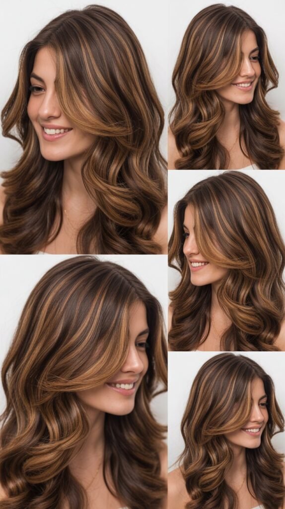 aramel Highlights on Short Brown Wavy Bob