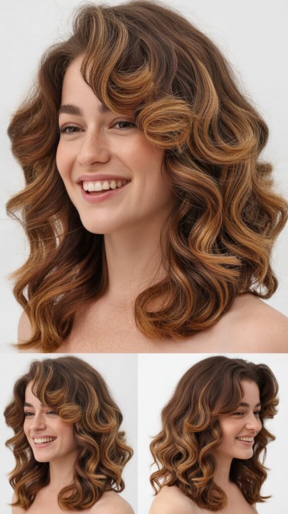 Caramel Highlights on Brown Waves with Volume at Roots
