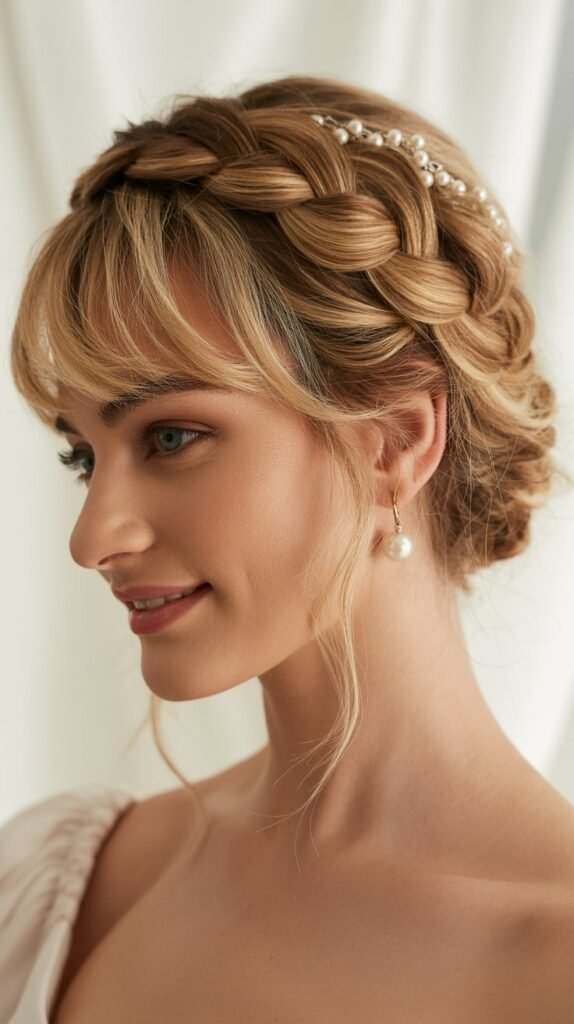 Voluminous Braided Updo with Feathered Bangs