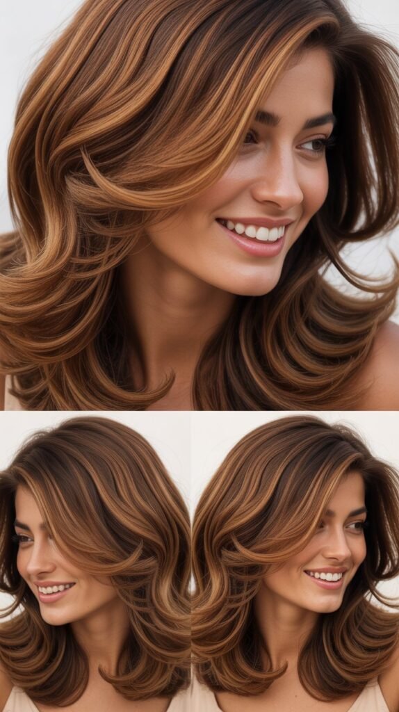 . Caramel Highlights on Layered Brown Wave