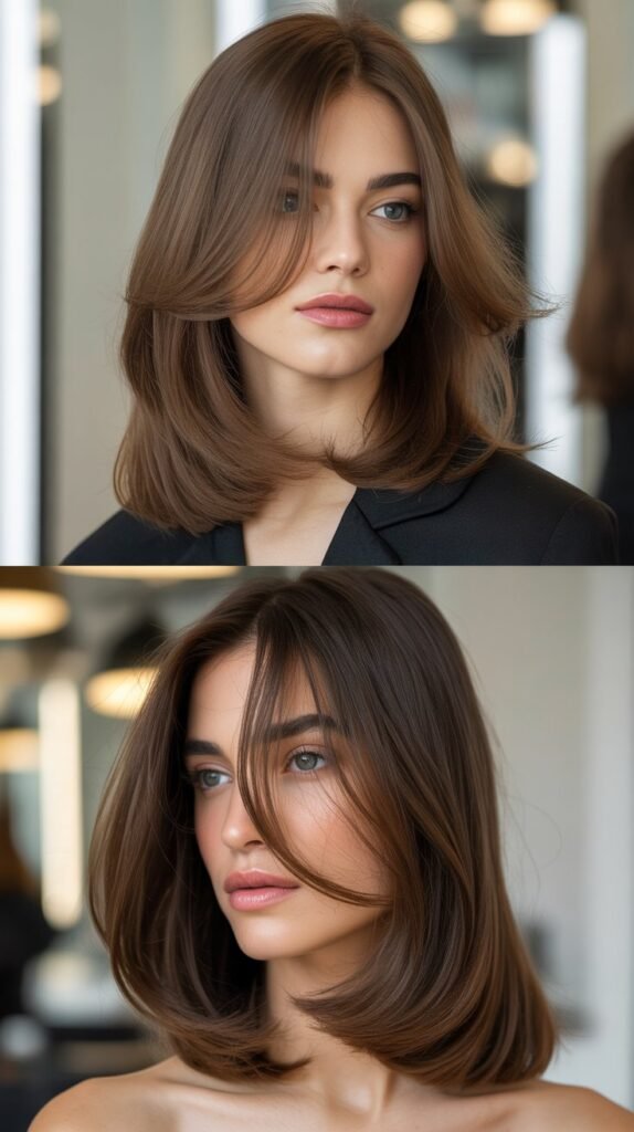 Asymmetrical Long Bob with Side-Swept Curtain Bangs
