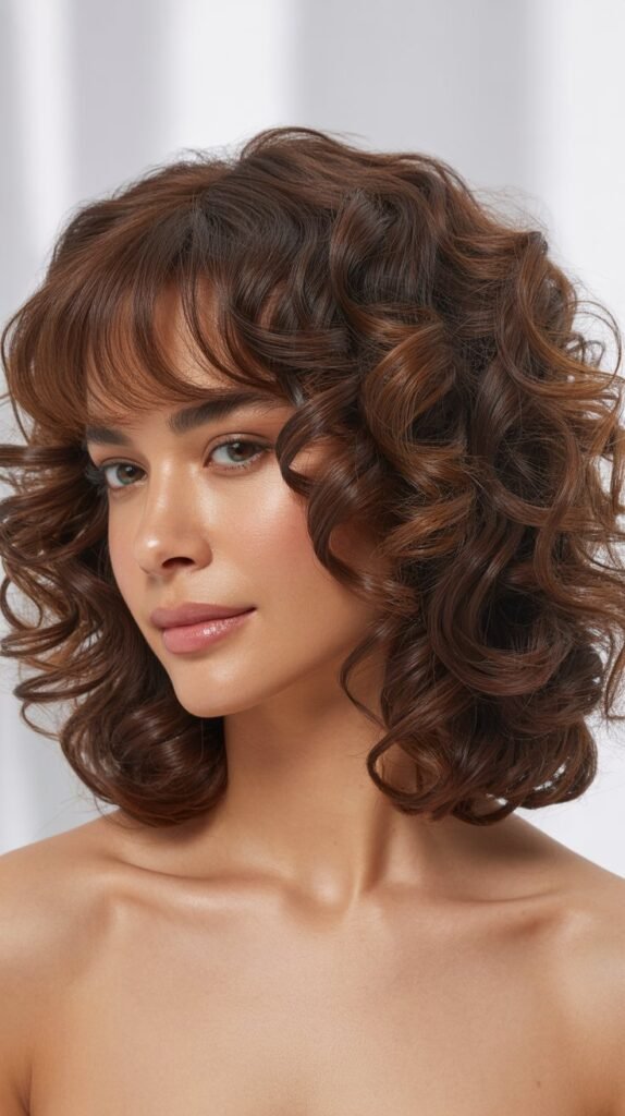 Curly Long Bob with Defined Curtain Bangs