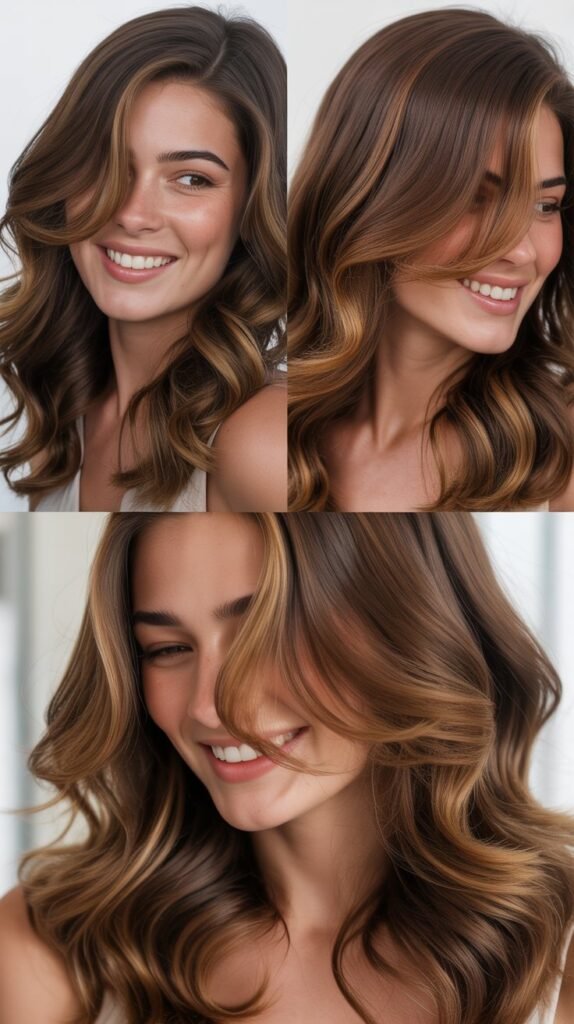Caramel Highlights on Brown Waves with Bangs