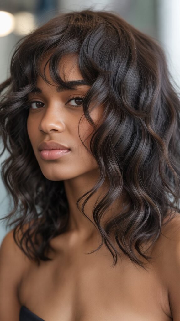 Wavy Long Bob with Tousled Curtain Bangs