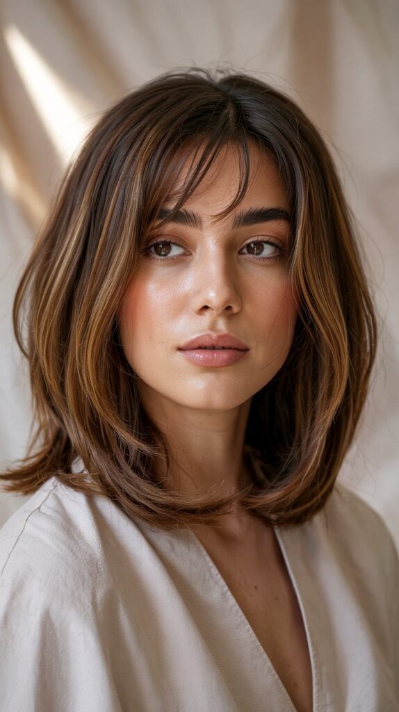 30 Stunning Long Bob with Layers and Curtain Bangs 26 Long Bob with Layered Movement and Curtain Bangs for Oval Faces