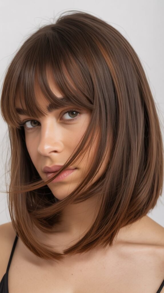 Asymmetrical Long Bob with Angled Curtain Bangs
