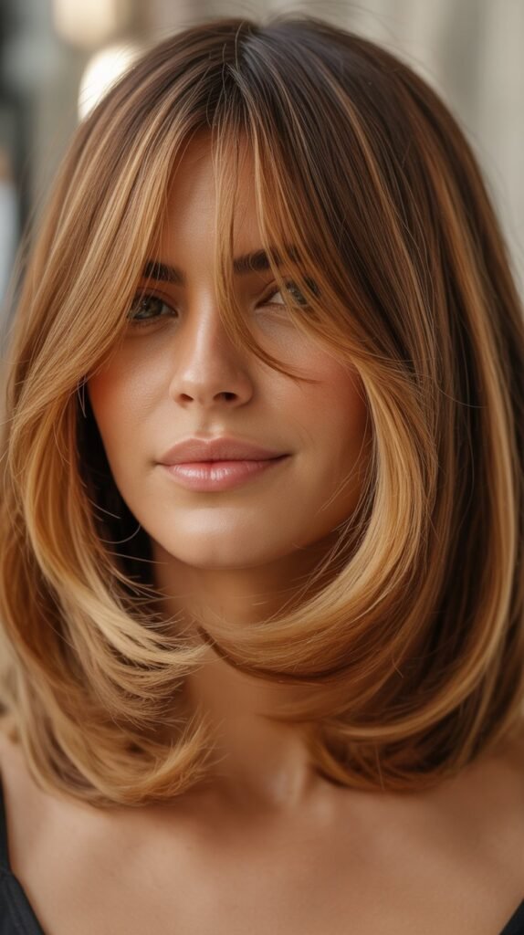 Long Bob with Curtain Bangs and Warm Tones