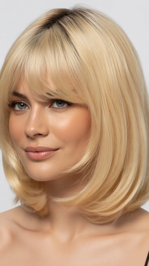 Vanilla Blonde Long Bob with Rounded Curtain Bangs