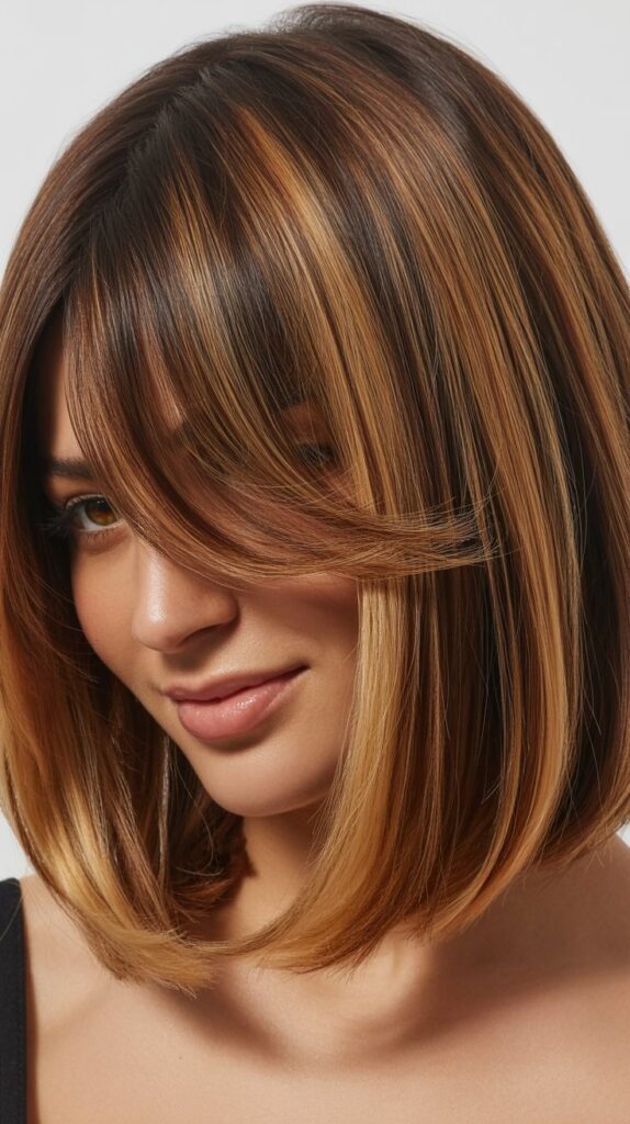 Collarbone-Length Bob with Curtain Bangs and Balayage