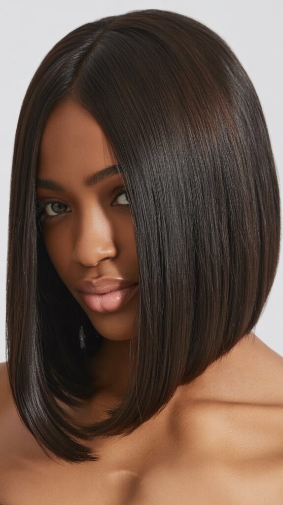 Classic Sleek Long Bob with Center-Parted Curtain Bangs