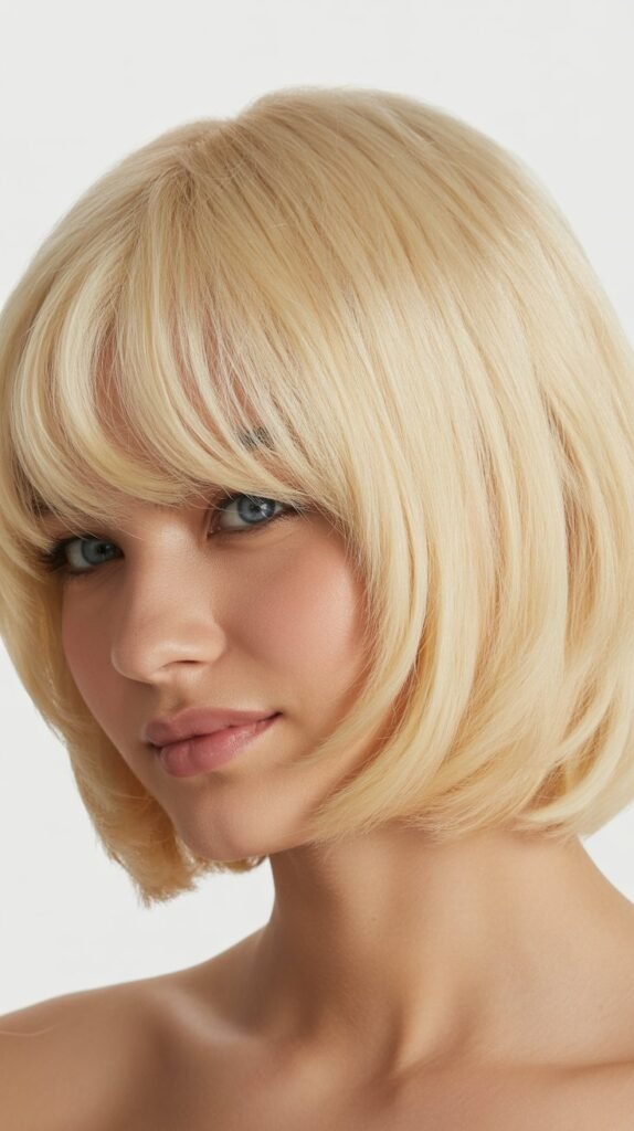 Porcelain Blonde Lob with Soft Curtain Bangs