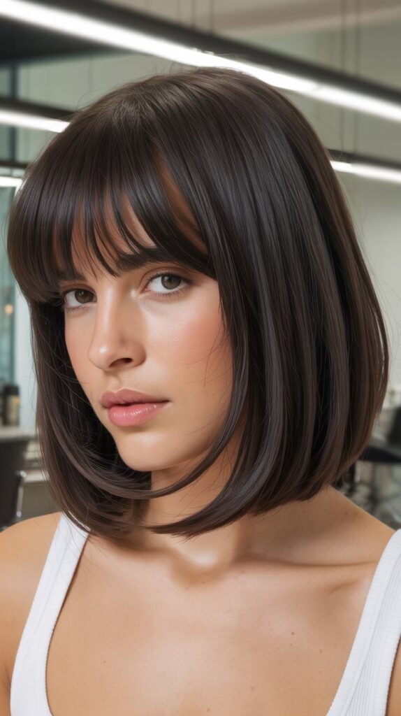 Disconnected Lob with Blunt Curtain Bangs