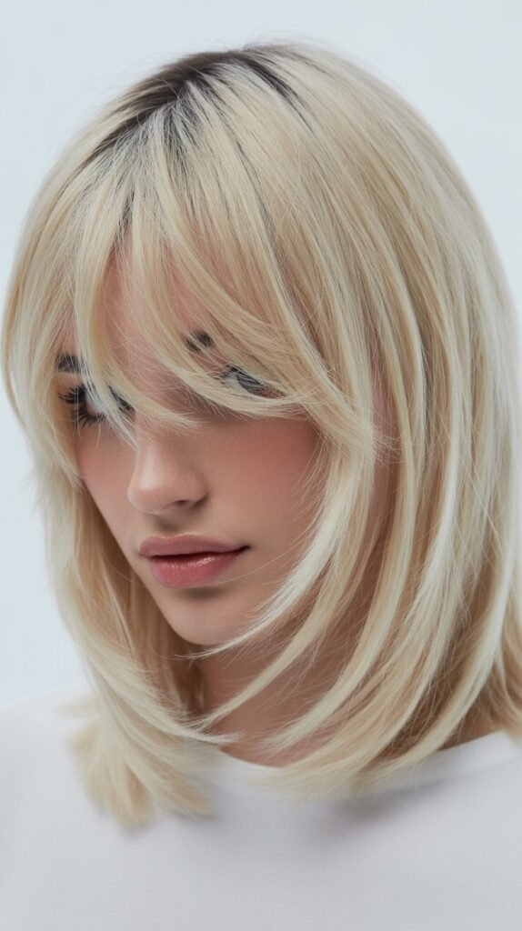 Arctic Blonde Lob with Textured Curtain Bangs