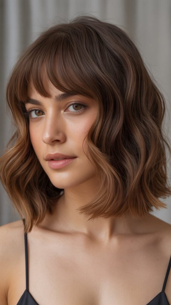 Wavy Lob with Bottleneck Curtain Bangs