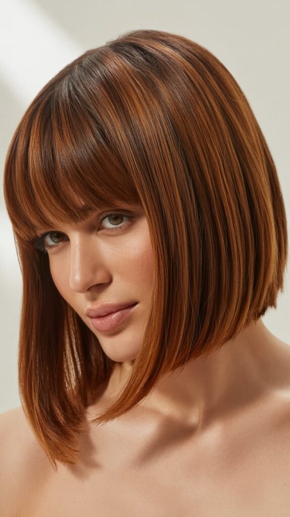 Angled Long Bob with Graduated Curtain Bangs