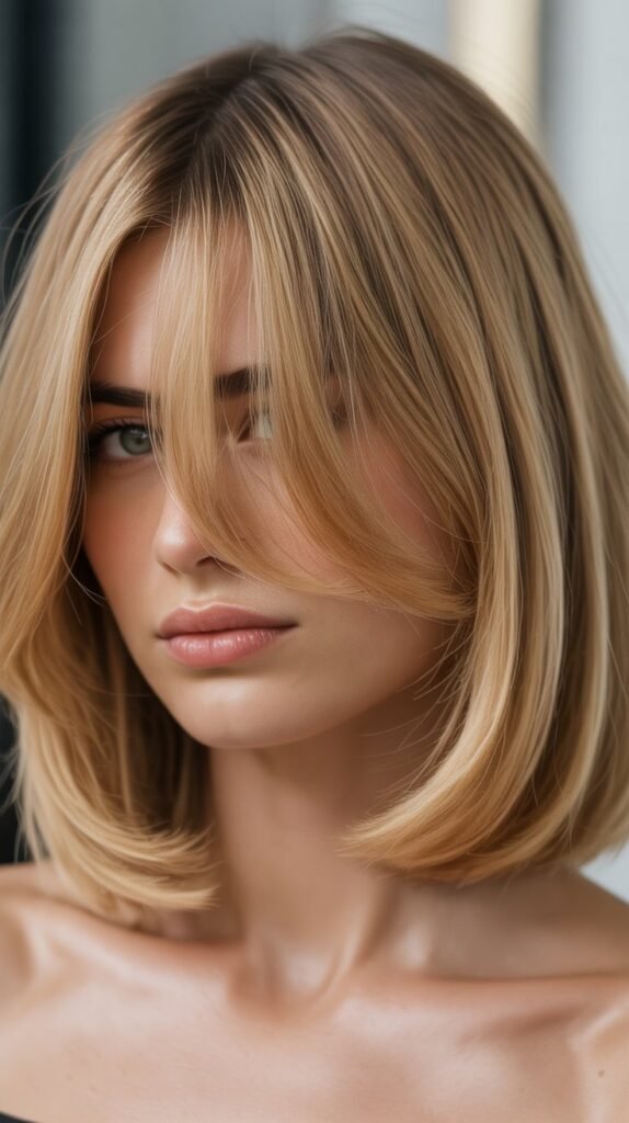  Wheat Blonde Lob with Side-Parted Curtain Bangs