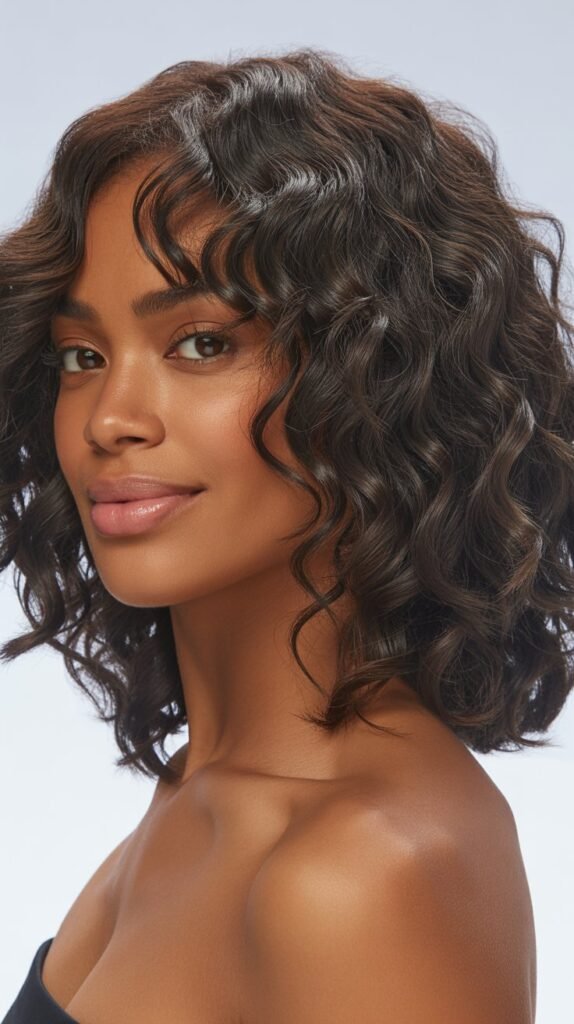 Textured Natural Long Bob with Soft Curtain Bangs
