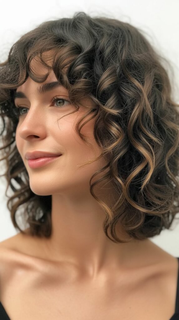 Long Bob with Curtain Bangs for Fine Curly Hair