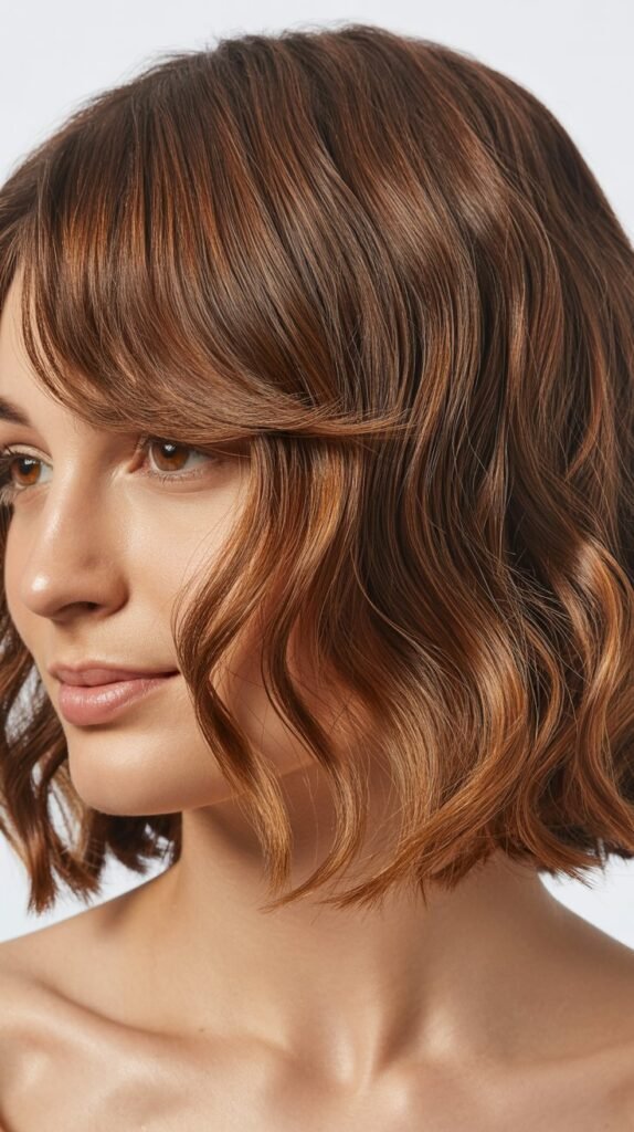 Wavy Textured Bob with Curtain Bangs for Fine Hair