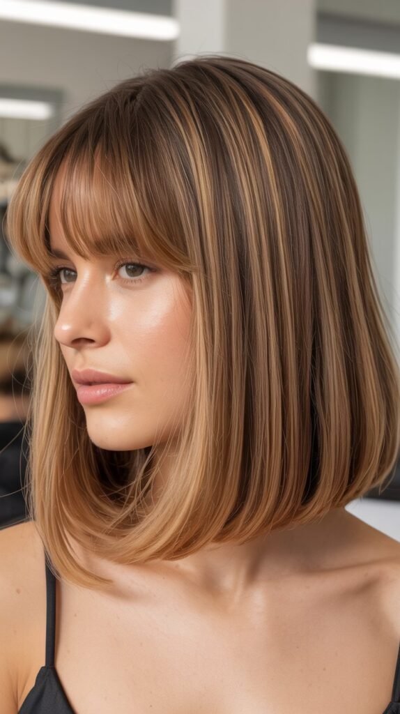  Long Bob with Curtain Bangs and Babylights