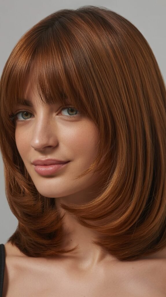 Long Bob with Curtain Bangs for Heart-Shaped Faces