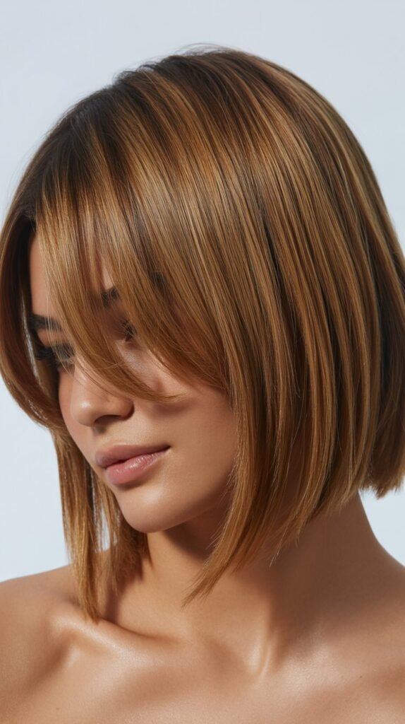 Asymmetrical Long Bob with Side-Swept Curtain Bangs