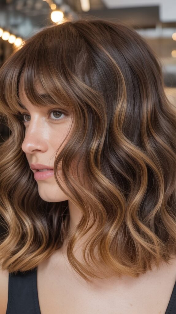 Wavy Long Bob with Curtain Bangs and Highlights