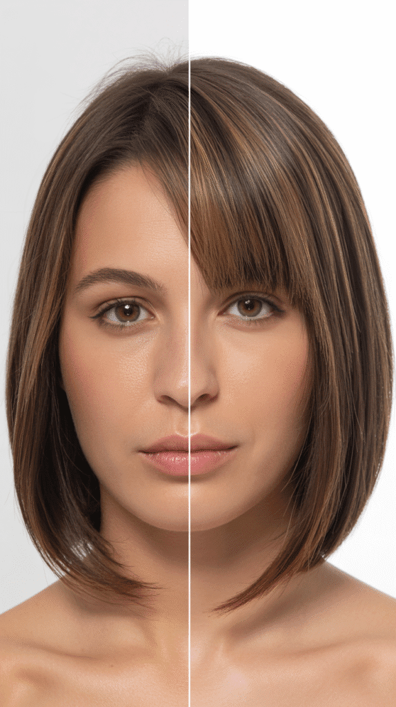 Long Bob with Curtain Bangs for Round Faces