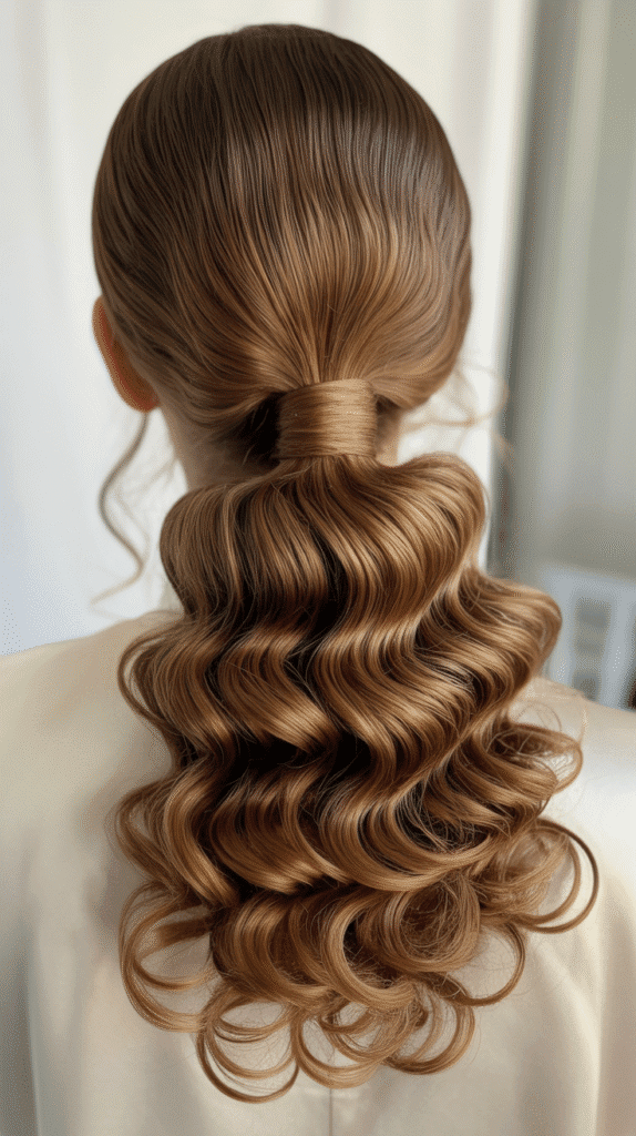 Best 30+ Wedding Hairstyles for Long Curly Hair 23 Wrapped Ponytail with Spiral Curls