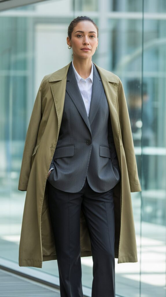 40 Winter Outfit Ideas for Women to Stay Warm and Stylish 6 Trench Coat with Blazer and Trousers