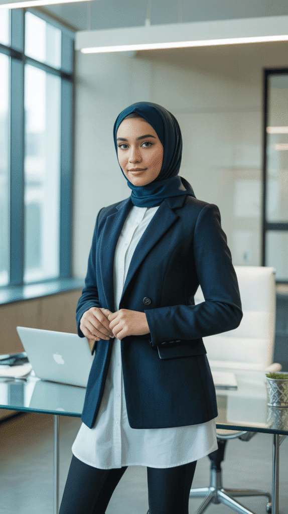 25 Modest Winter Outfits for Women with Hijab That Stay Fashionable 11 Wool Blazer with Tunic and Leggings