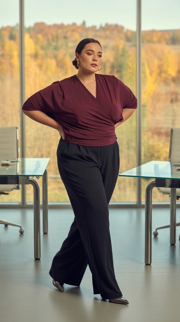 27 Flattering Casual Fall Outfits for Plus-Size Women 5 Wrap Top with Wide-Leg Trousers