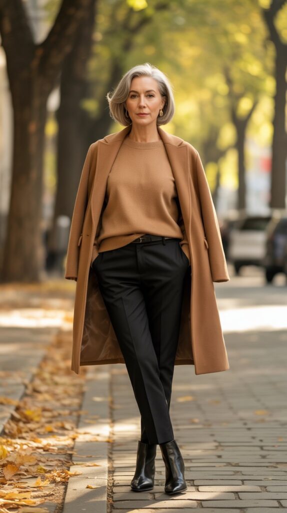 33 Classy Casual Fall Outfits for Women Over 50 29 Camel and Black Color Blocking
