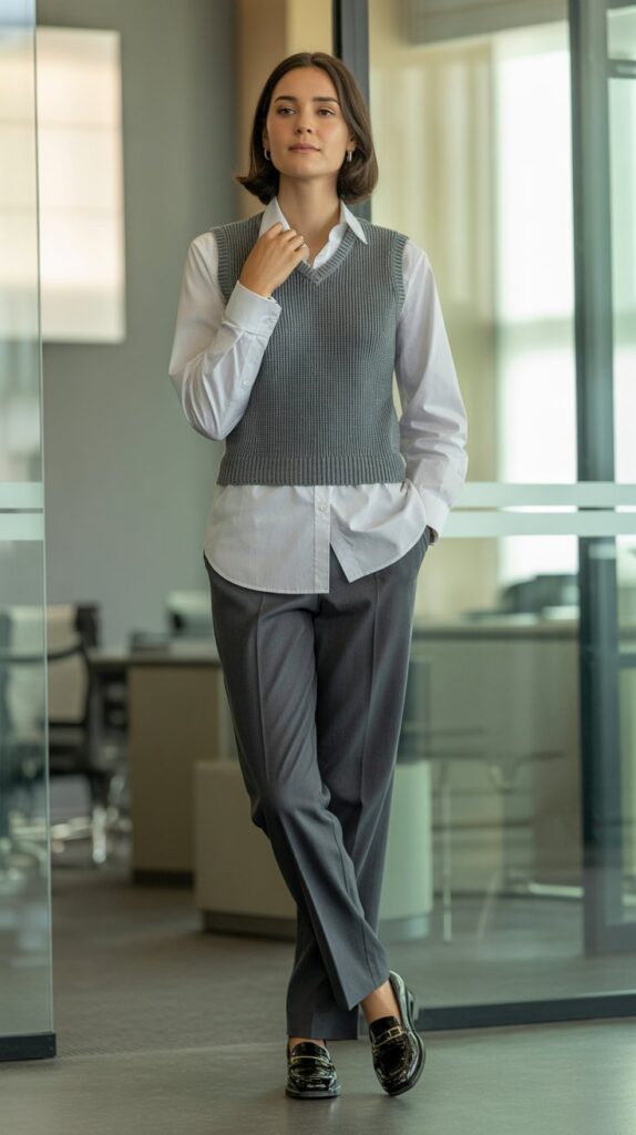 28 Classy Winter Outfits for Women for an Elegant Cold-Weather Look 23 White Button-Down with Gray Vest and Trousers